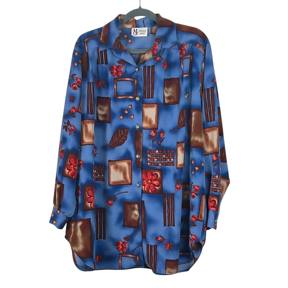 Vtg Maggie Sweet Women's Blouse Blue Floral Geometric Print‎ Button Up Shirt Top